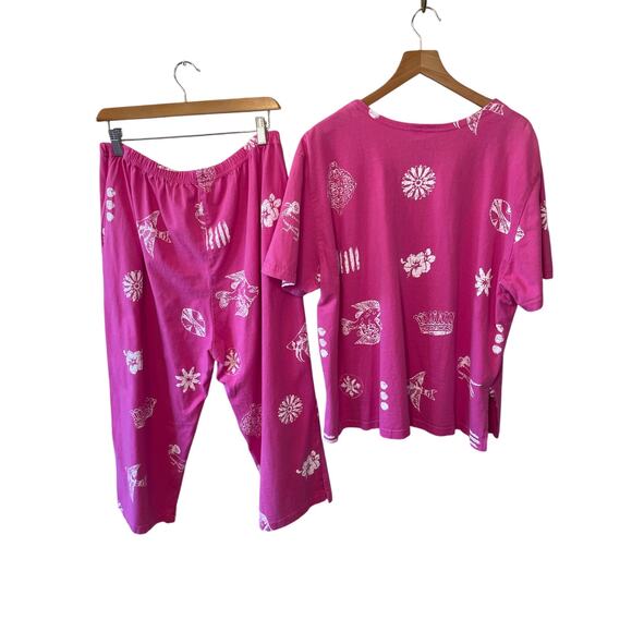 VTG Donna Tropical Boho Grandmacore Pink Cotton Fish Print Tee & Pant Set Sz XL - Picture 2 of 11